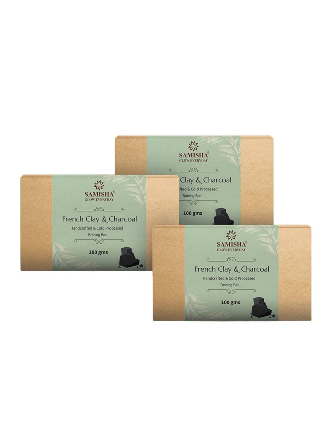 

SAMISHA Set of 3 French Clay & Charcoal Handcrafted & Cold Processed Bathing Bar-100g each, Green