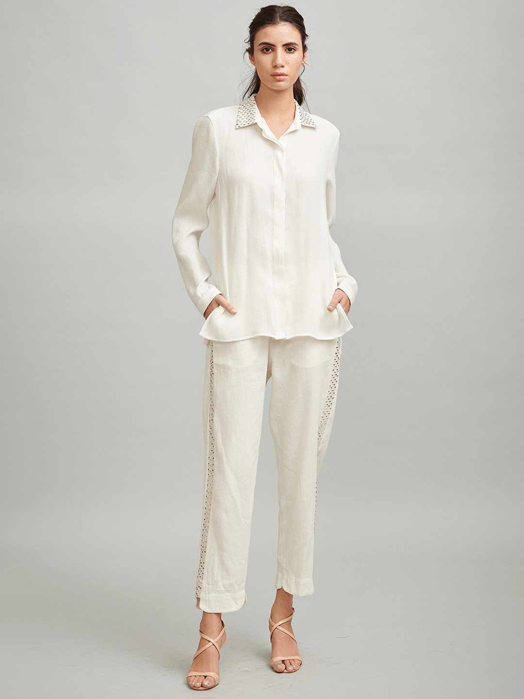 

Dash and Dot Embroidered Mirror Work Shirt With Trousers, Off white
