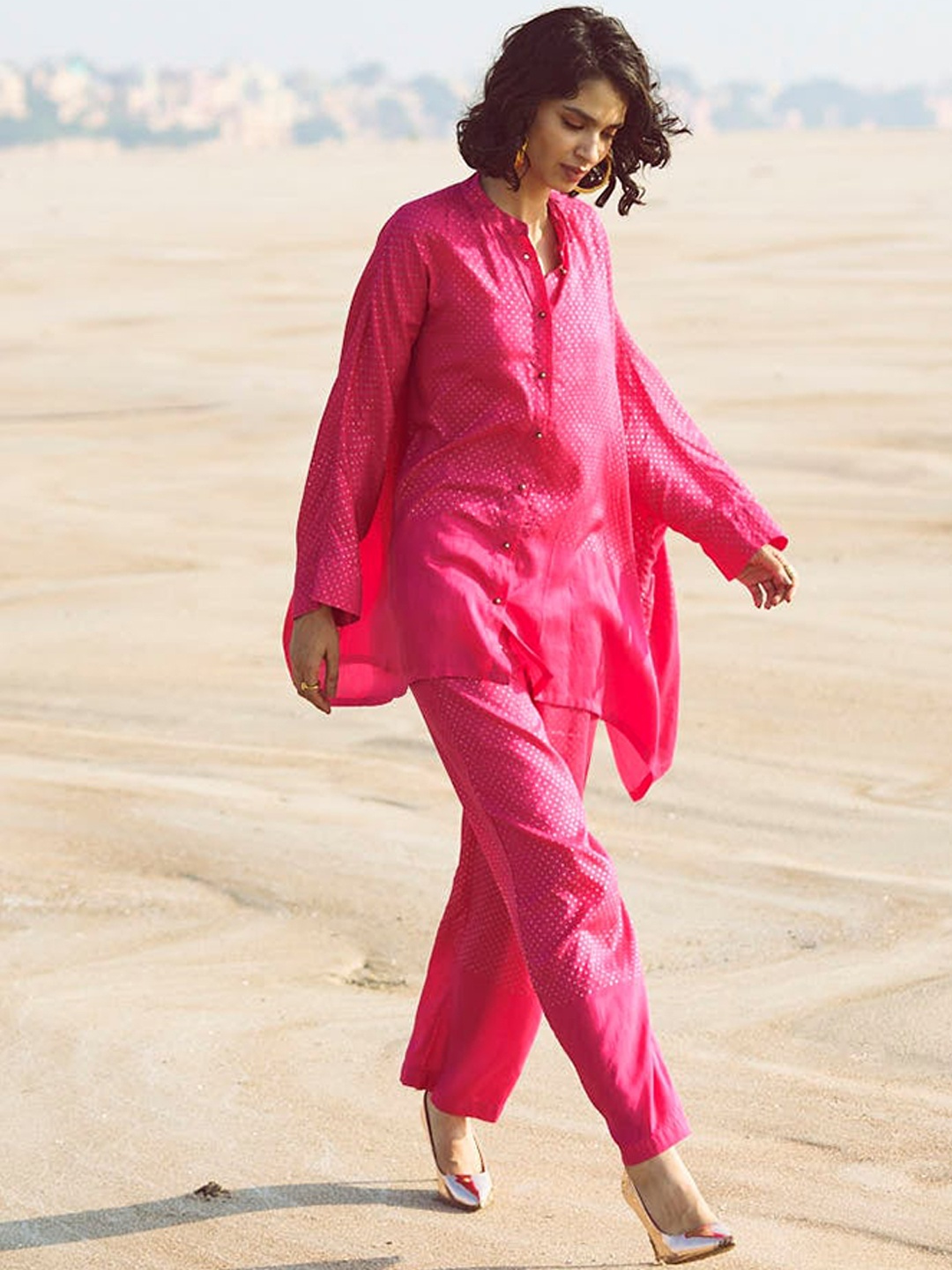 

Dash and Dot Polka Dot Foil Printed Mandarin Collar Tunic & Trouser, Fuchsia