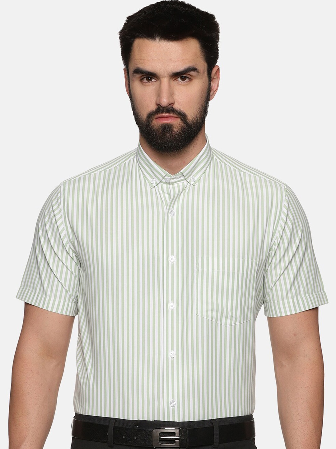 DON VINO Comfort Vertical Striped Button-Down Collar Cotton Formal Shirt, Green