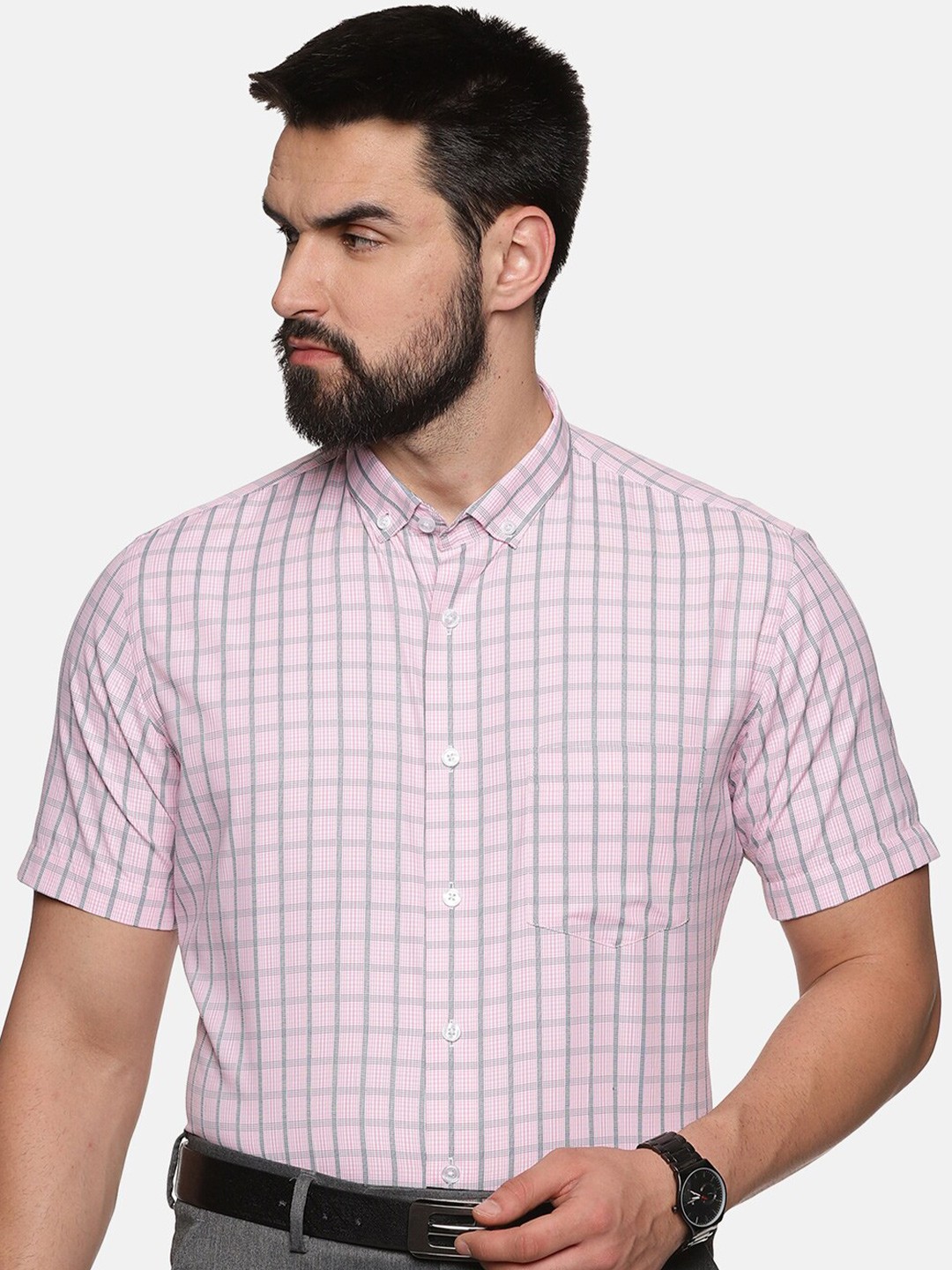 

DON VINO Comfort Tartan Checked Button-Down Collar Cotton Canvas Formal Shirt, Pink