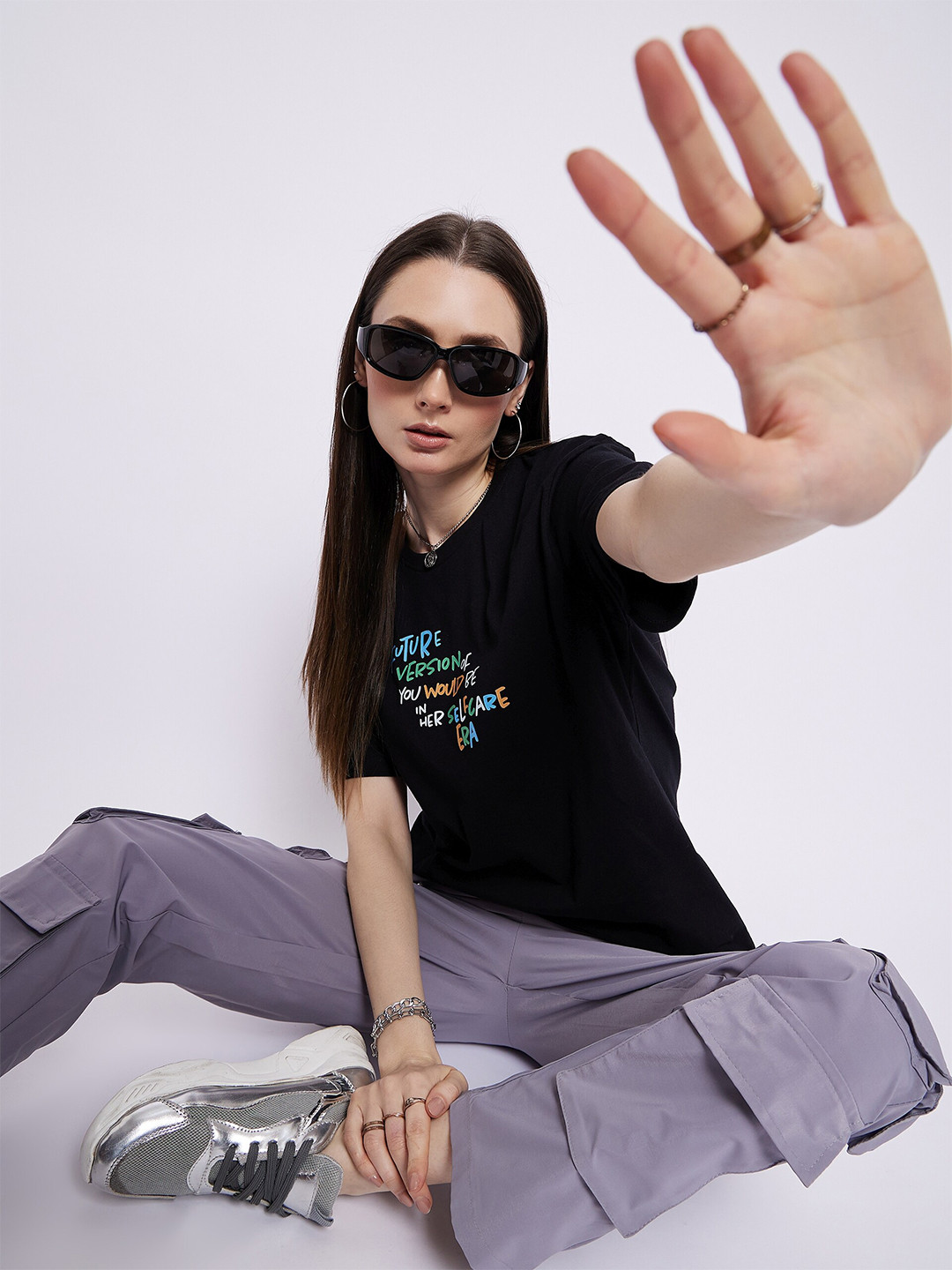 

Mast & Harbour Black Typography Printed Oversized Pure Cotton T-shirt