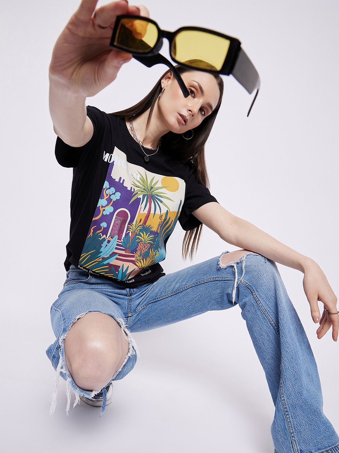 

Mast & Harbour Black Graphic Printed Oversized Pure Cotton T-shirt T-shirt