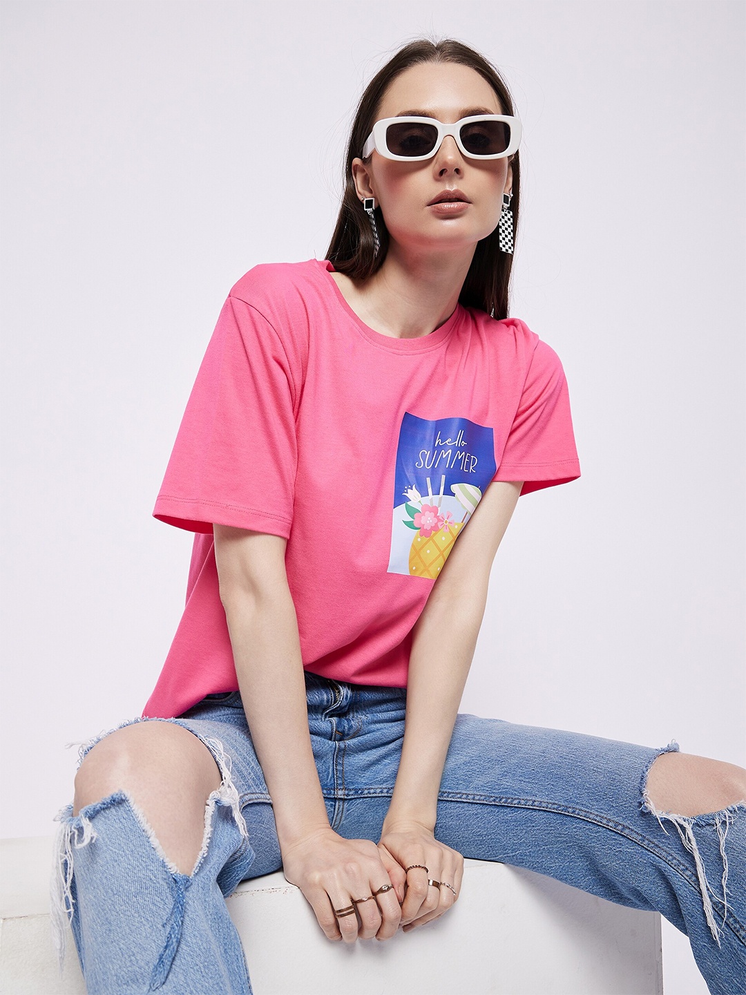 

Mast & Harbour Pink Graphic Printed Oversized Pure Cotton T-shirt