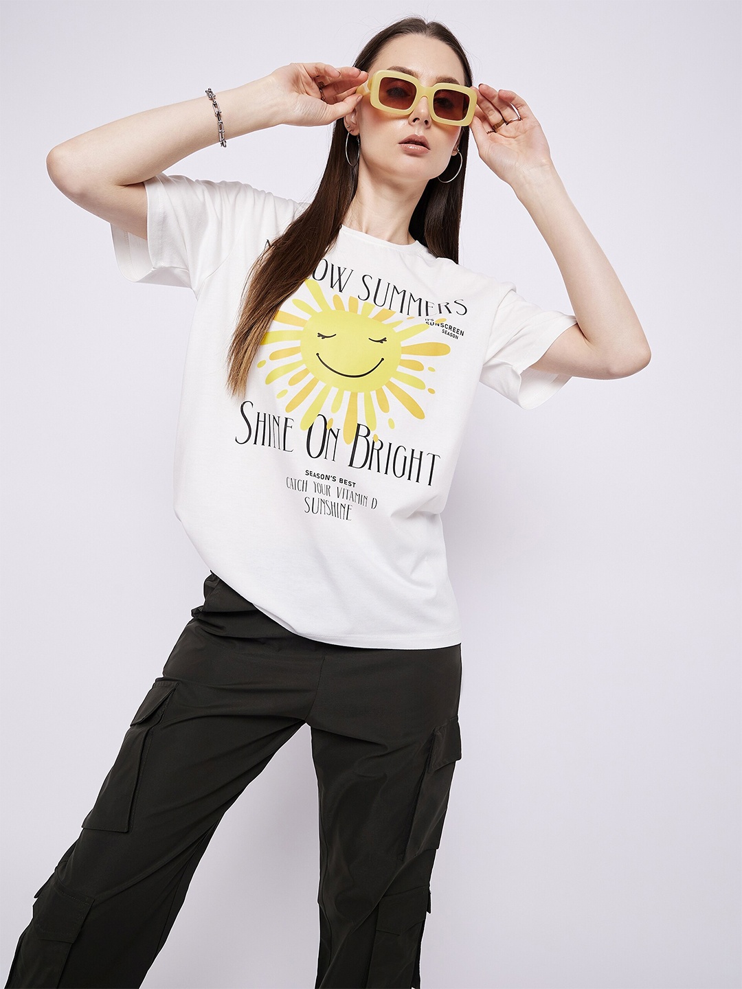 

Mast & Harbour White Typography Printed Oversized Pure Cotton T-shirt
