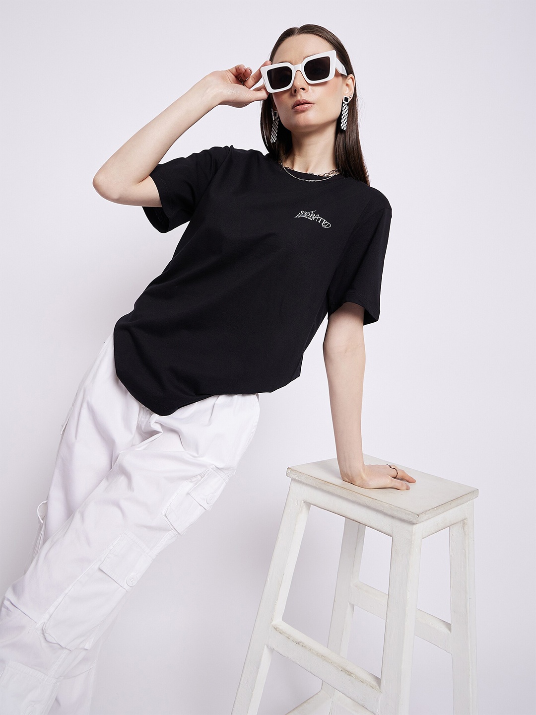 

Mast & Harbour Black Typography Printed Oversized Pure Cotton T-shirt