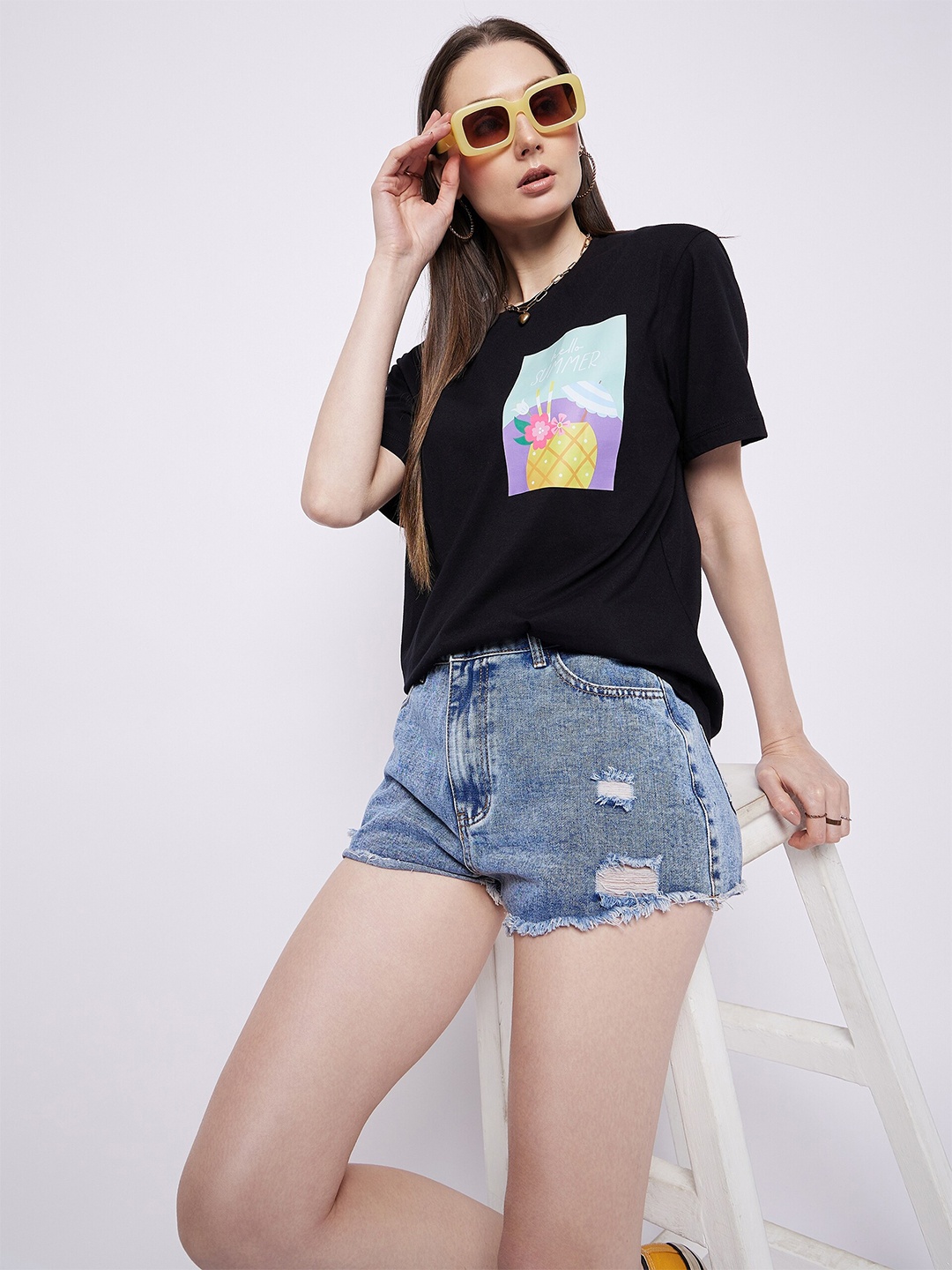 Mast & Harbour Black Graphic Printed Oversized Pure Cotton T-shirt