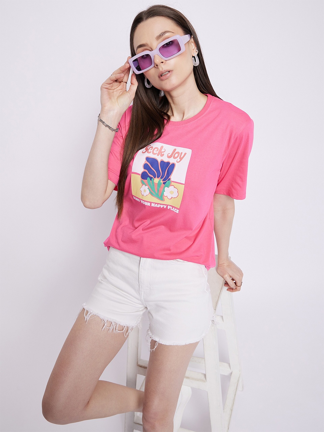 Mast & Harbour Pink Graphic Printed Oversized Pure Cotton T-shirt