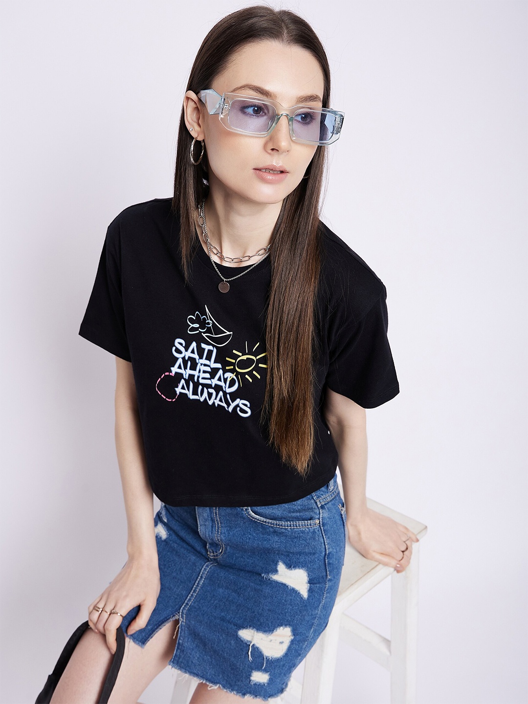 Mast & Harbour Black Typography Printed Relaxed Fit Crop Pure Cotton T-shirt