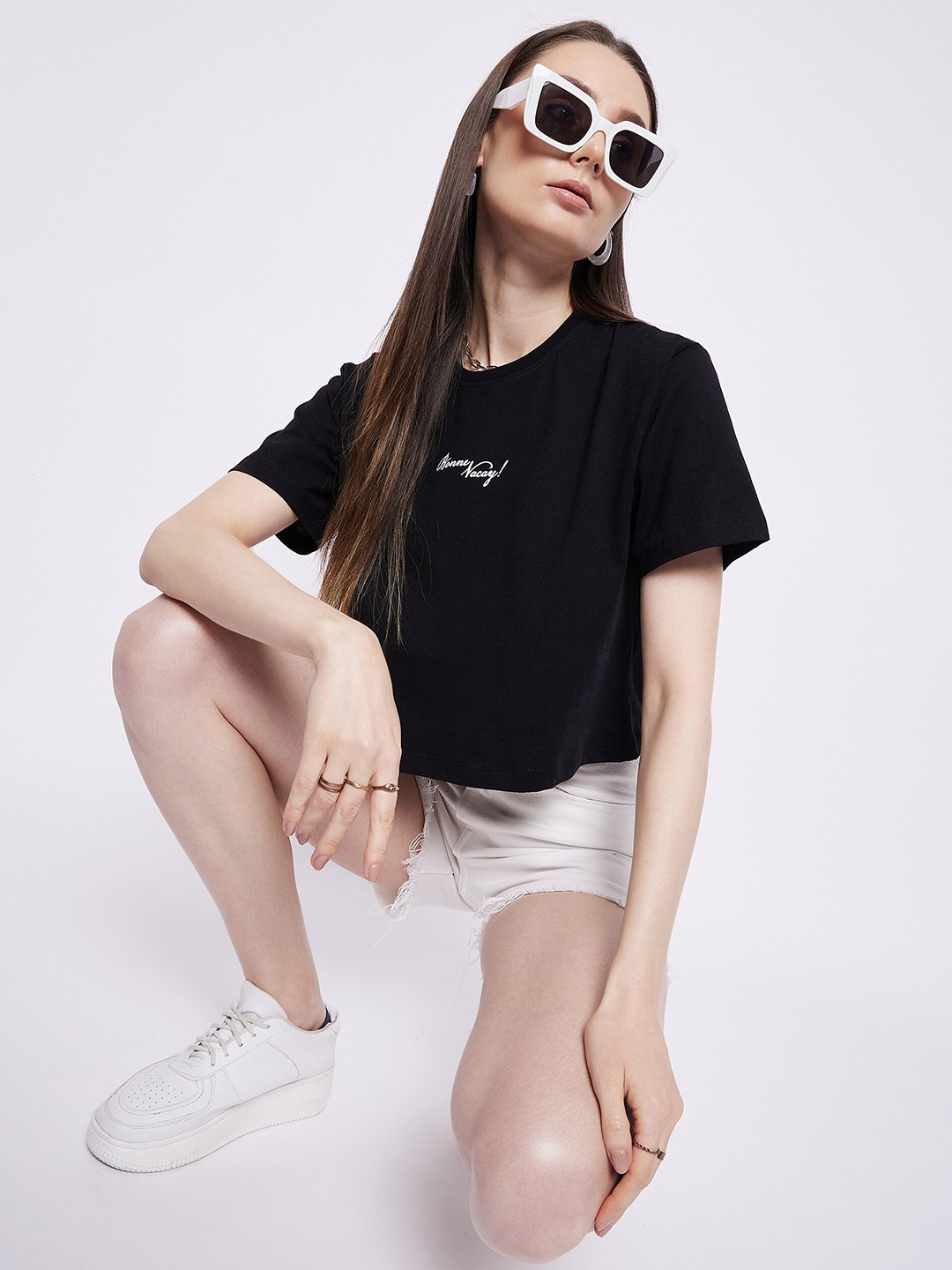 

Mast & Harbour Black Relaxed Fit Crop Pure Cotton T-shirt