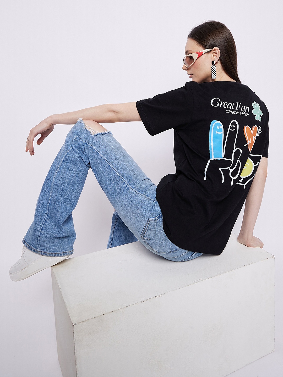 

Mast & Harbour Black Graphic Printed Oversized Pure Cotton T-shirt