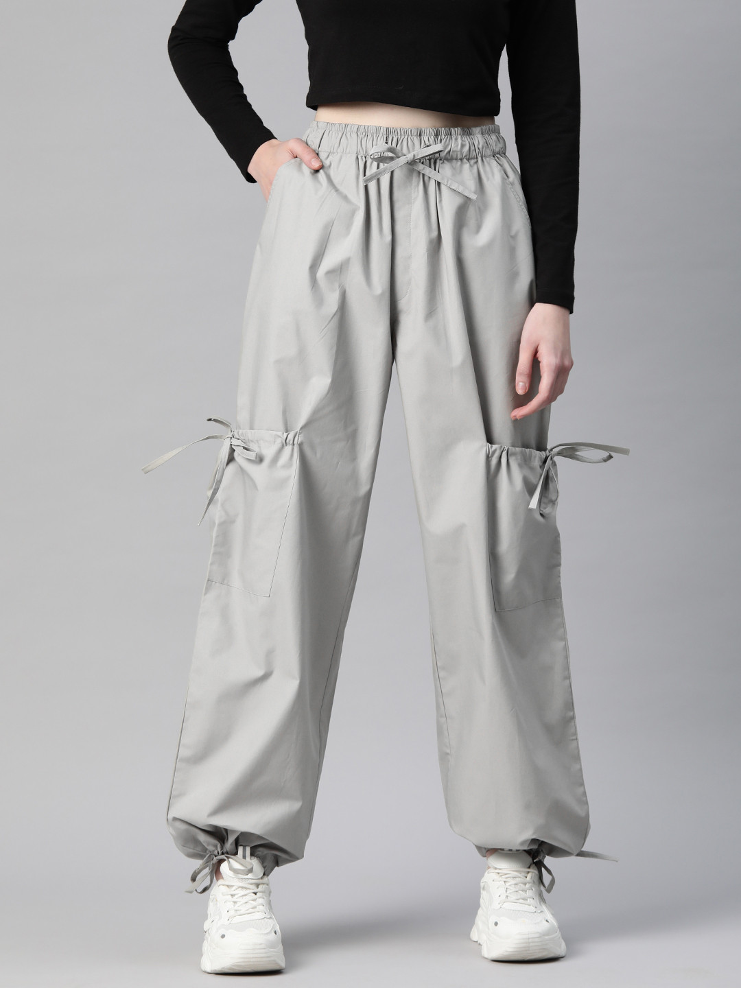

Popnetic Women Loose Fit High-Rise Cotton Cargos Trousers, Grey