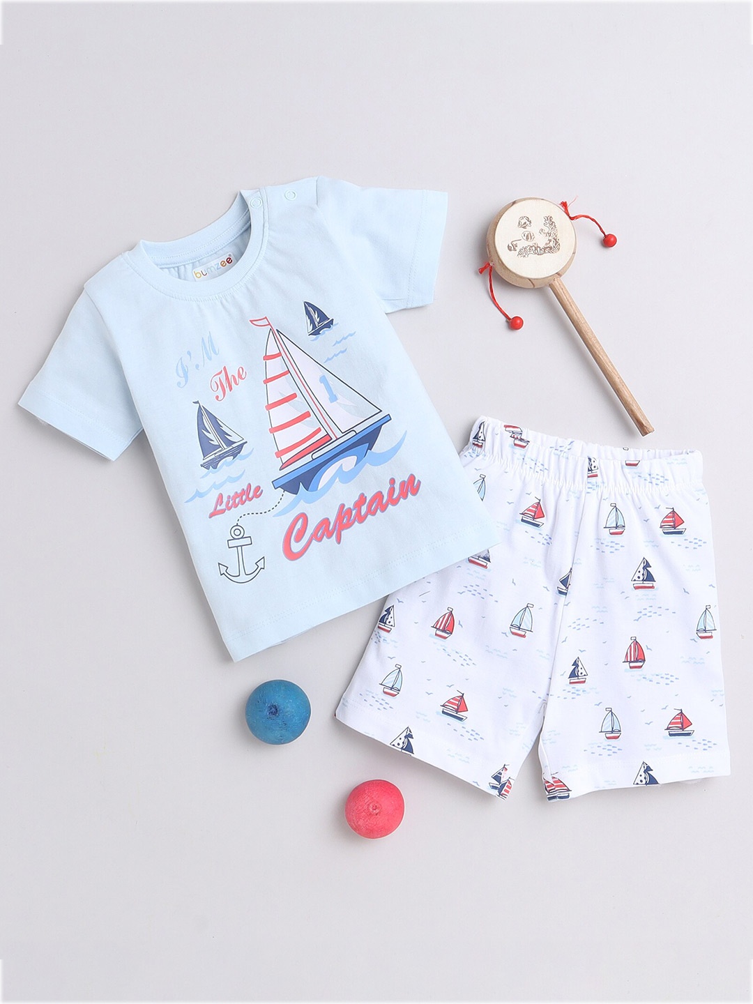 

BUMZEE Infant Boys Printed Pure Cotton T-shirt with Shorts, Blue
