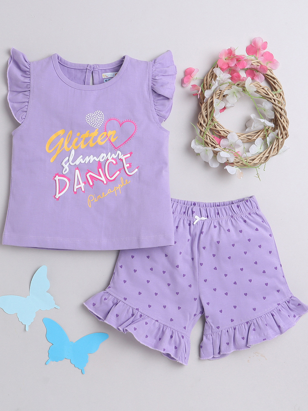 

BUMZEE Girls Printed Top With Shorts Clothing Set, Purple