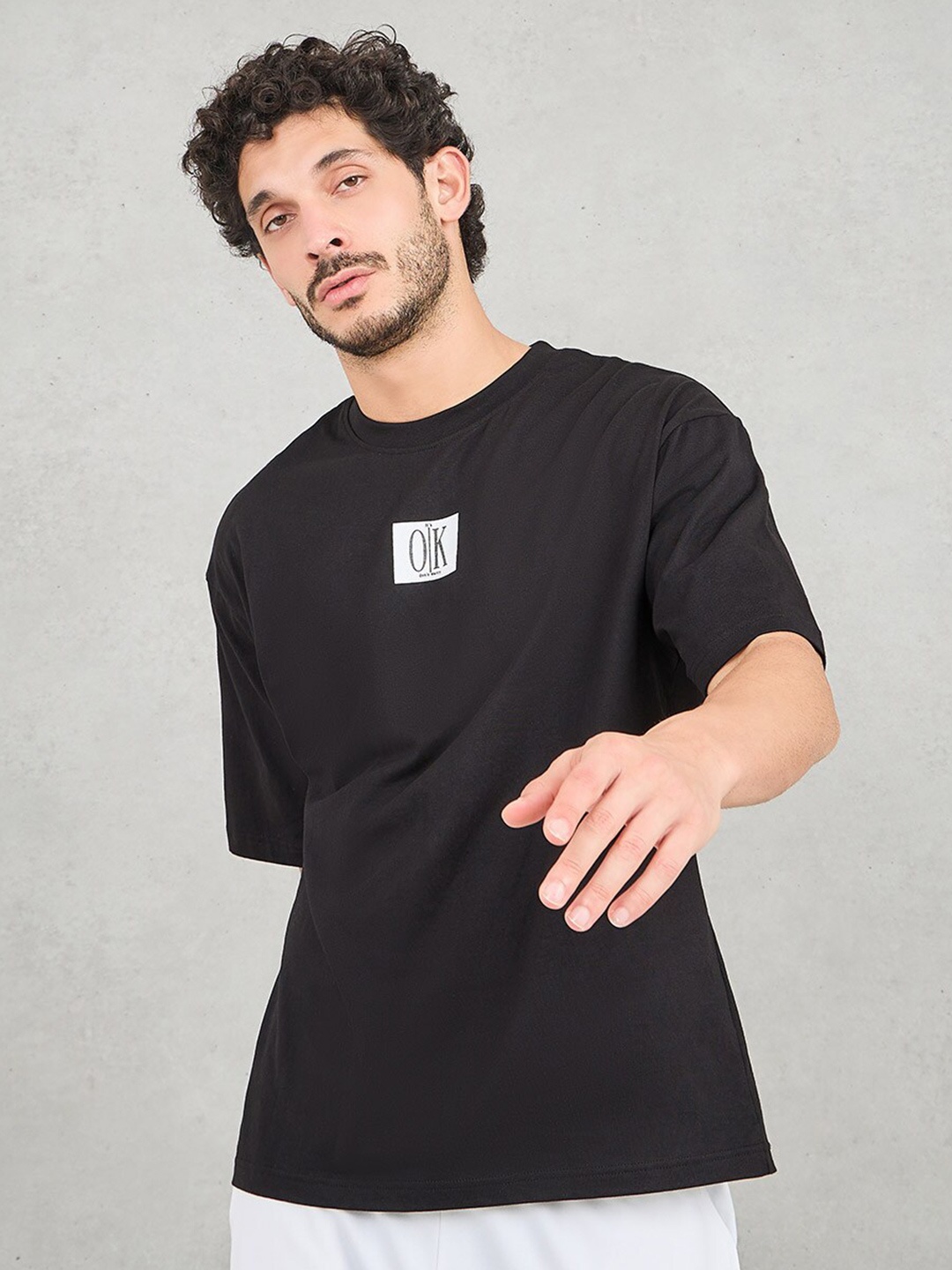

Styli Typography Printed Pure Cotton Oversized T-shirt, Black