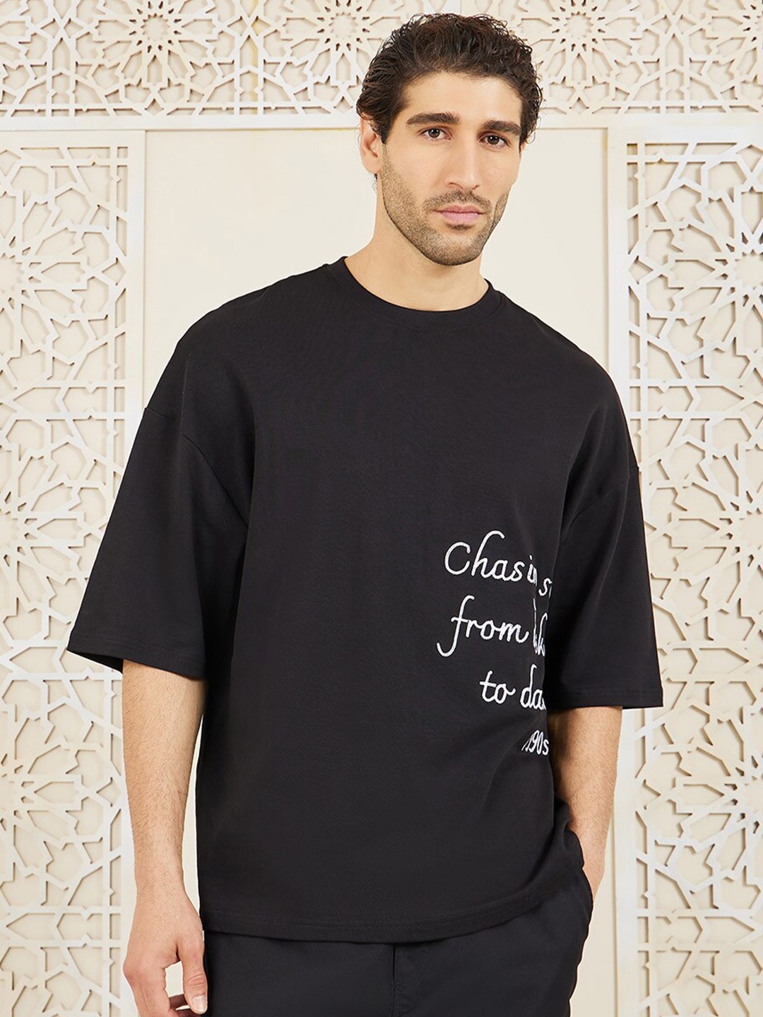 

Styli Black Premium Heavy Jersey Embroidered Text Boxy T-Shirt