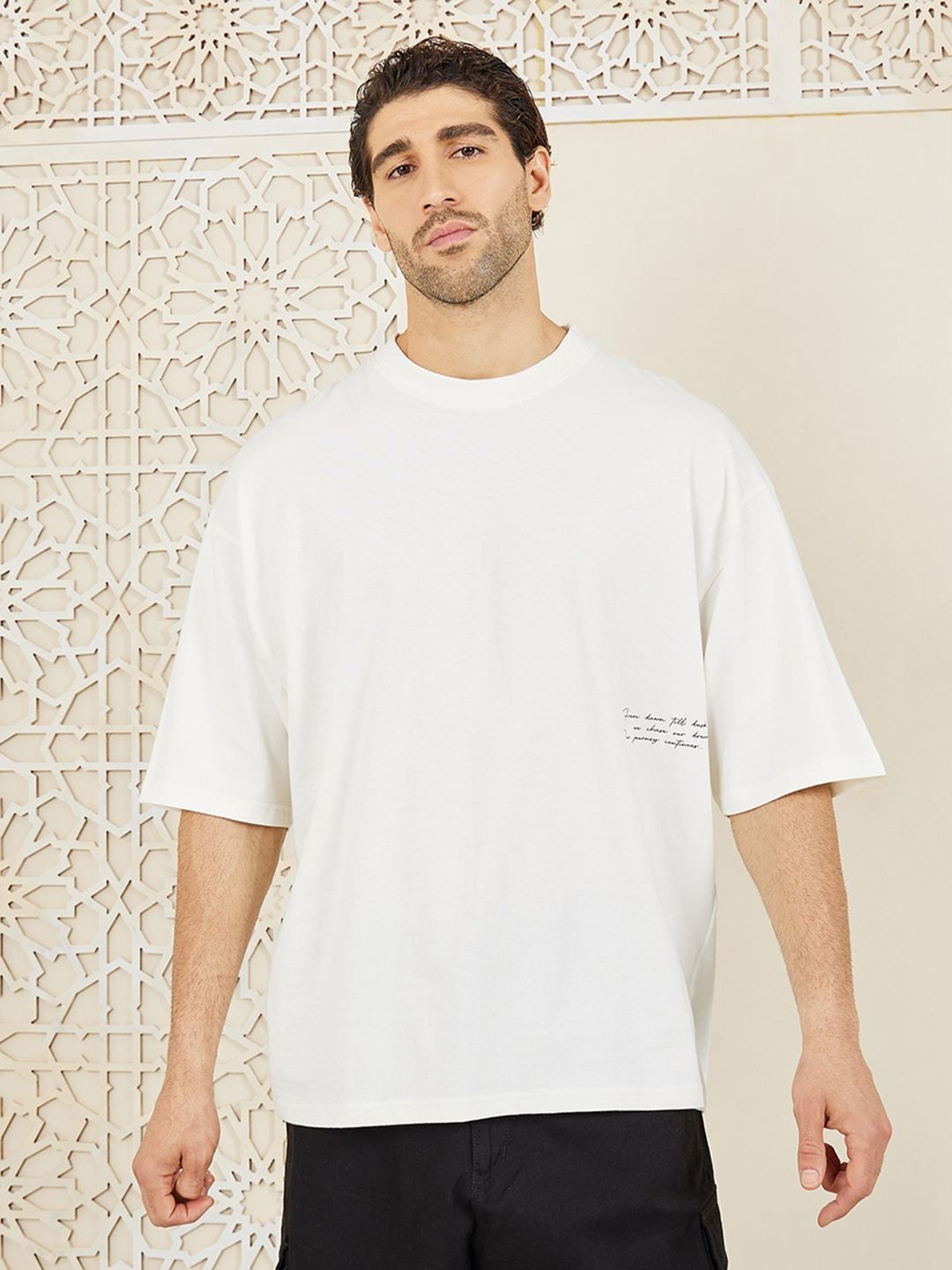 

Styli White Cotton Back Printed Applique Patch Boxy Fit Tee, Cream