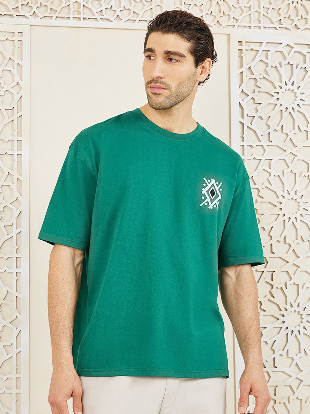 

Styli Oversized Drop Shoulder Motif Print Jersey T-shirt, Green