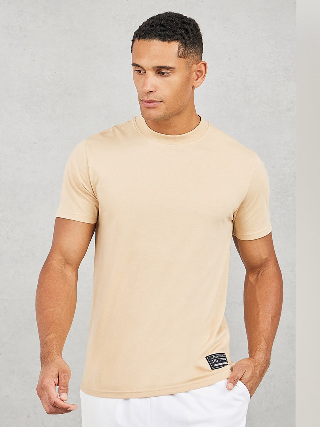 

Styli Mock Neck Regular Fit Badge T-Shirt, Beige