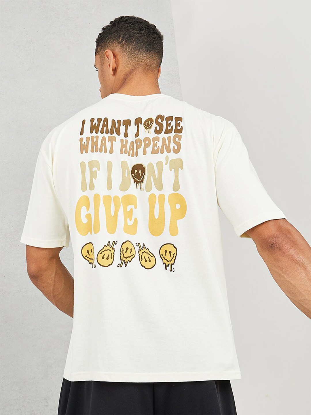 

Styli White Oversize Fit Back Emoji Printed Slogan Tee, Cream