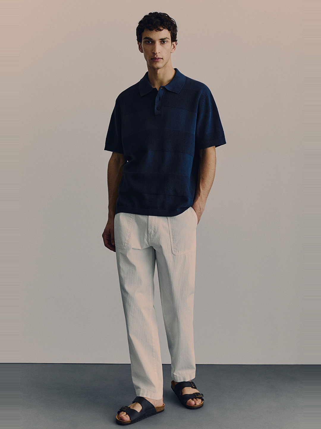 

H&M Pure Cotton Regular Fit Ribbed Polo Shirt, Blue