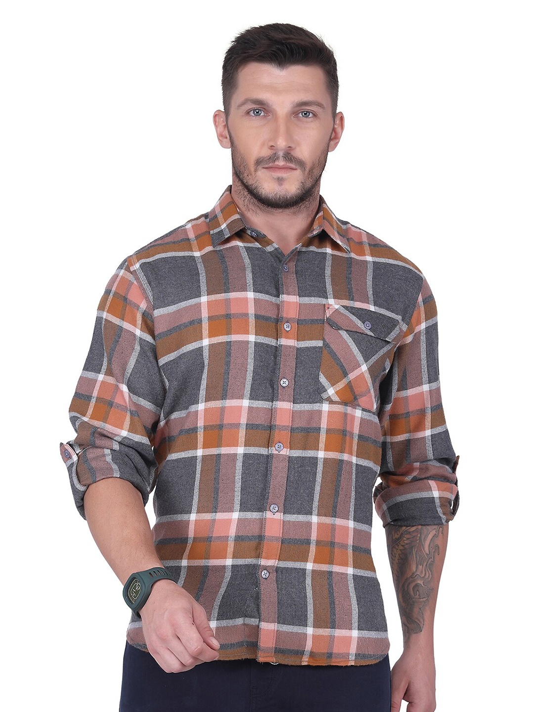 

USMC Relaxed Tartan Checked Spread Collar Cotton Casual Shirt, Multi