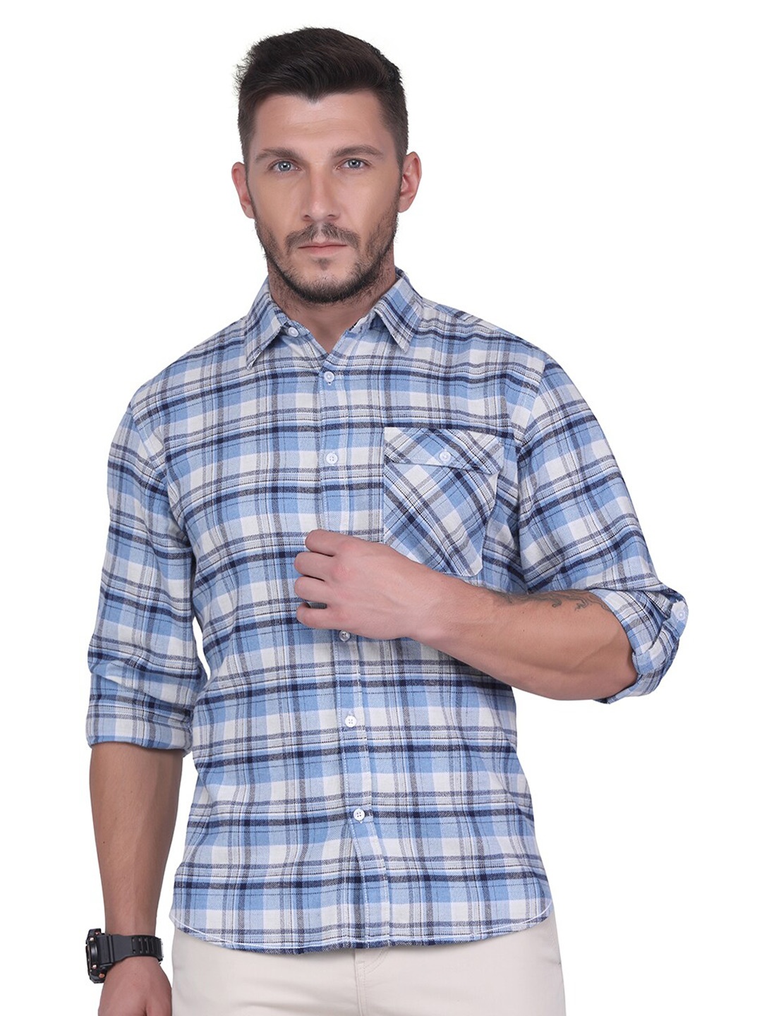 

USMC Relaxed Tartan Checked Spread Collar Cotton Casual Shirt, Blue