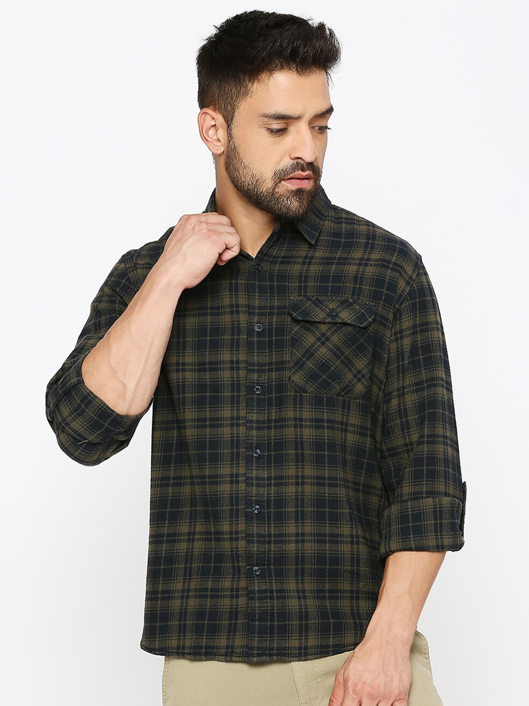 

USMC Relaxed Tartan Checked Spread Collar Cotton Casual Shirt, Olive