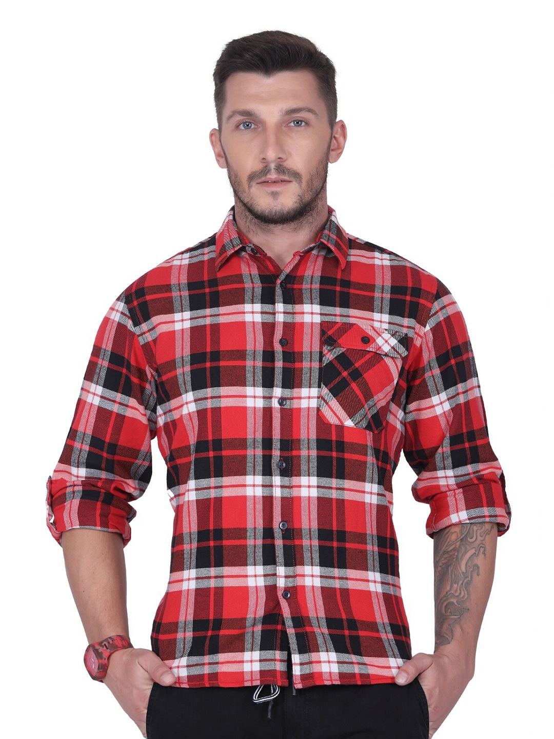

USMC Relaxed Tartan Checked Spread Collar Cotton Casual Shirt, Red