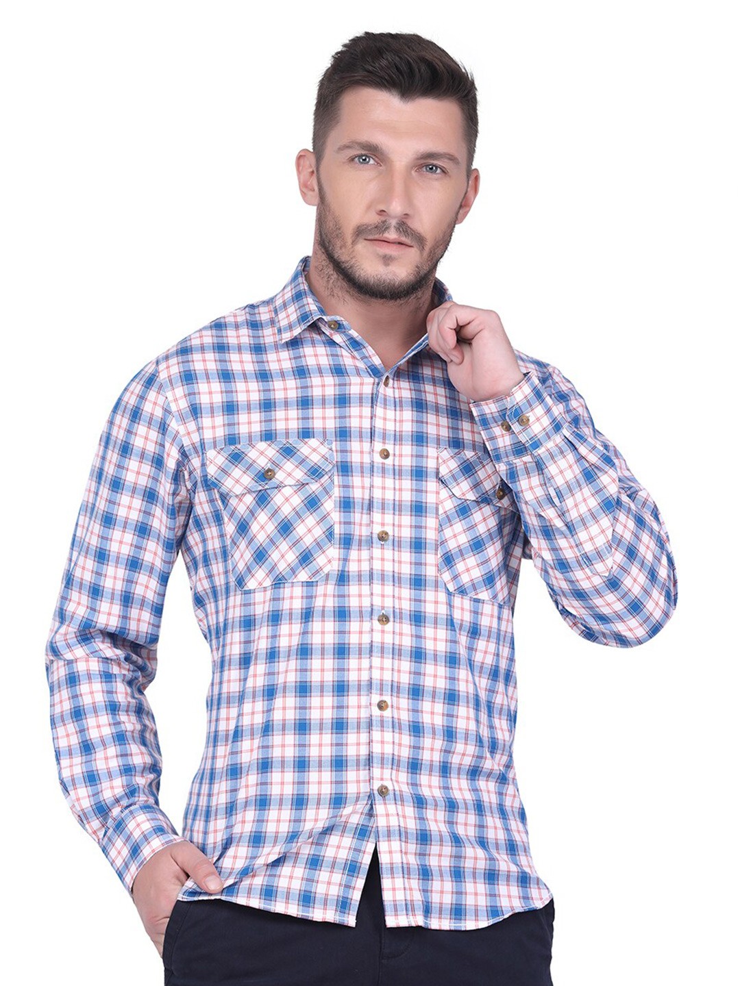

USMC Relaxed Tartan Checked Spread Collar Cotton Casual Shirt, Blue