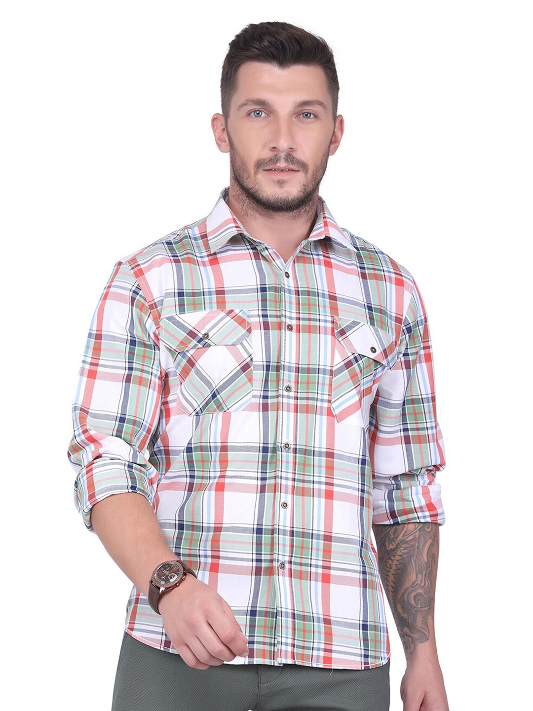 

USMC Relaxed Tartan Checked Spread Collar Cotton Casual Shirt, White