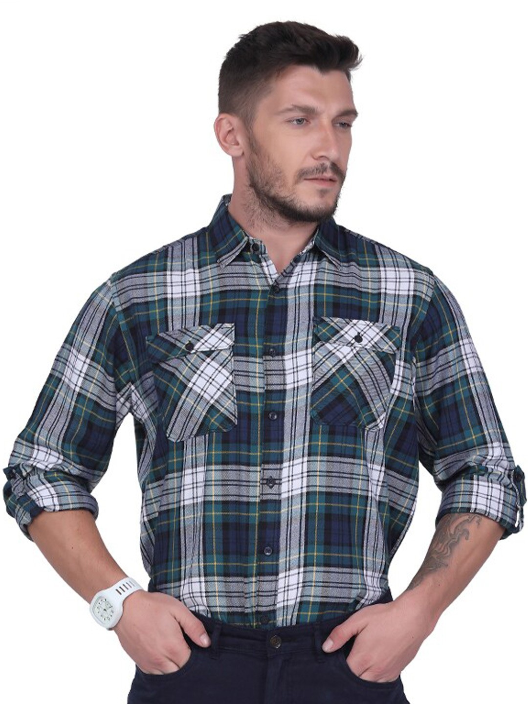 

USMC Relaxed Tartan Checked Spread Collar Cotton Casual Shirt, Green