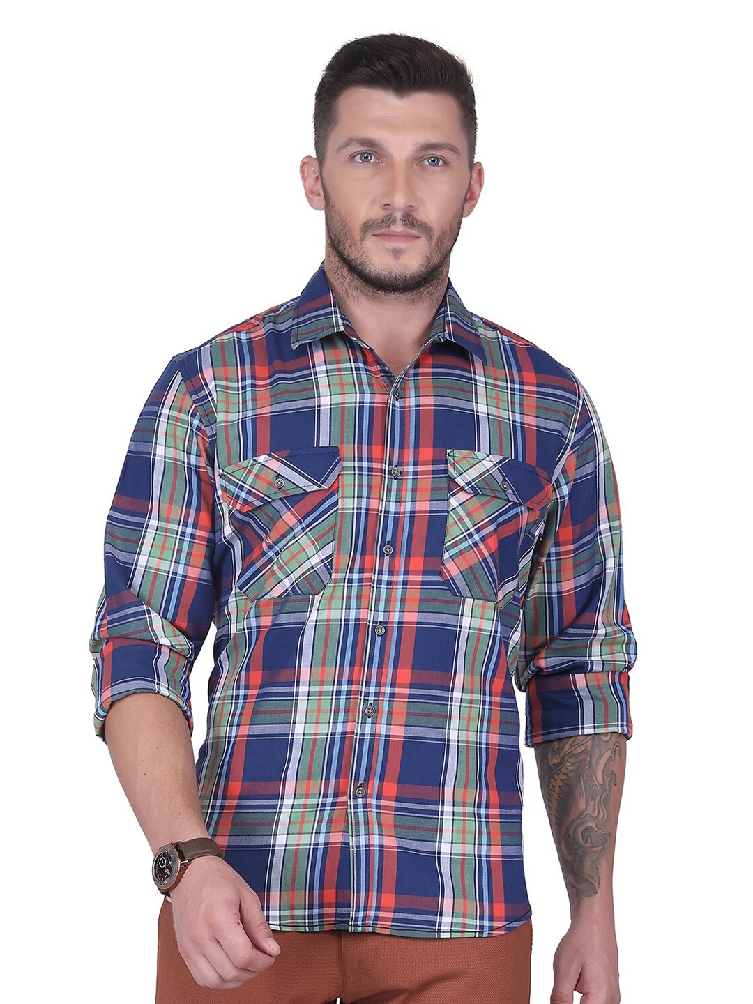 

USMC Relaxed Tartan Checked Spread Collar Cotton Casual Shirt, Navy blue