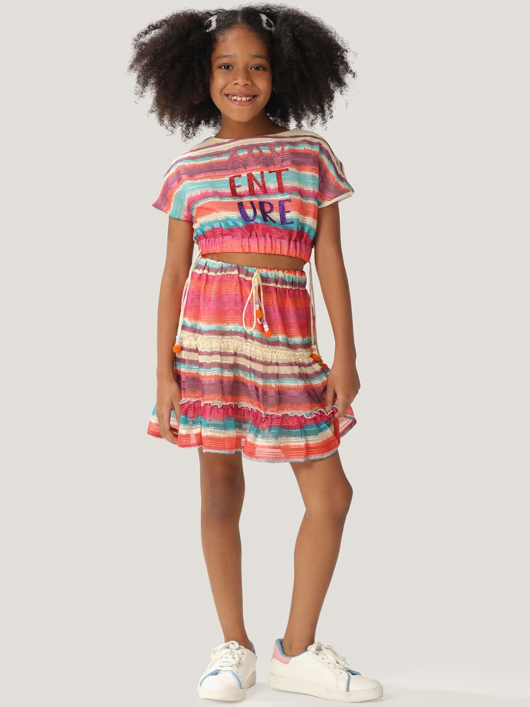 

One Friday Girls Striped A-Line Knee Length Skirt, Pink