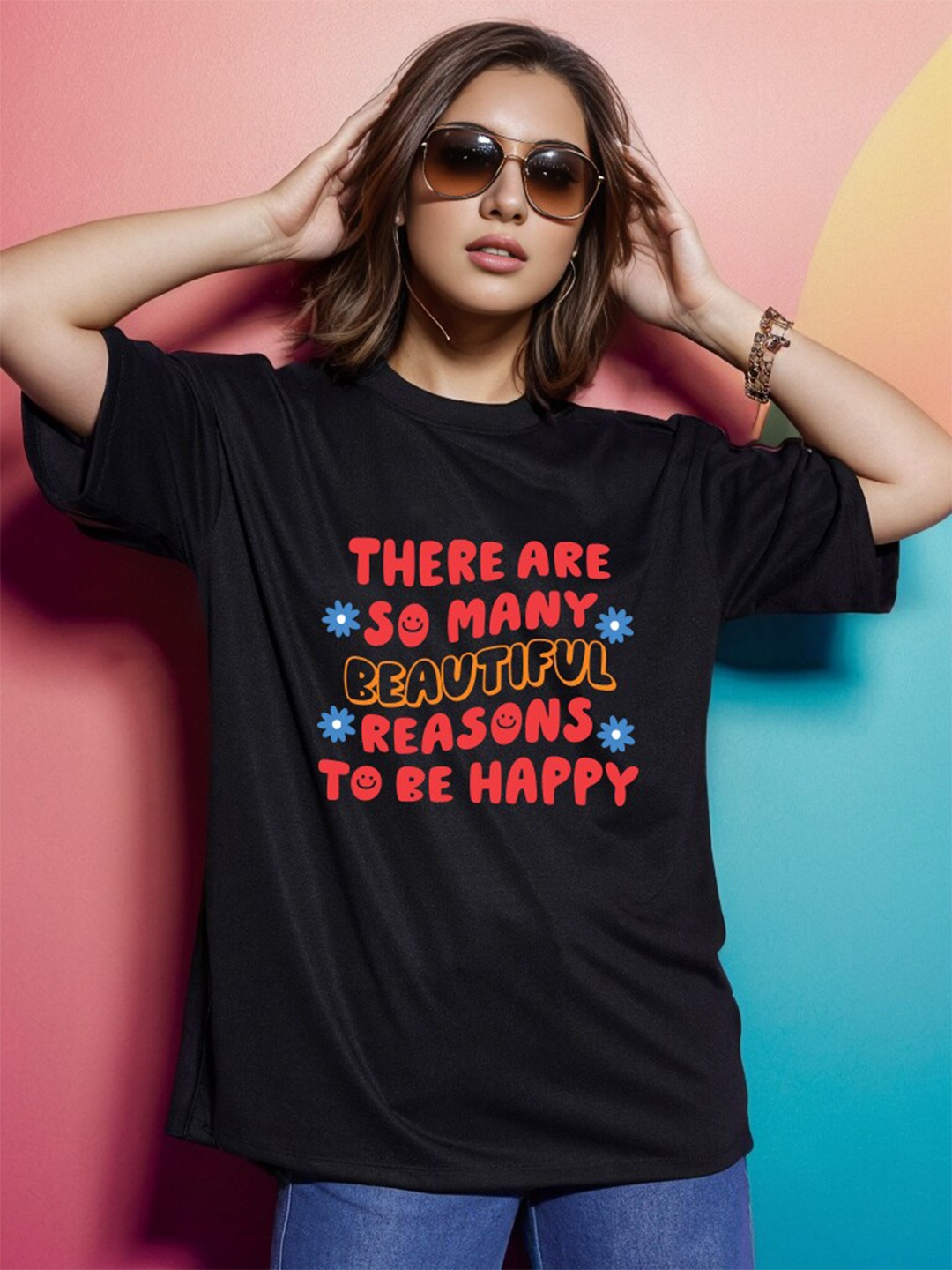 

Slenor Typography Printed Drop Shoulder Sleeves Pure Cotton Oversized T-shirt, Black