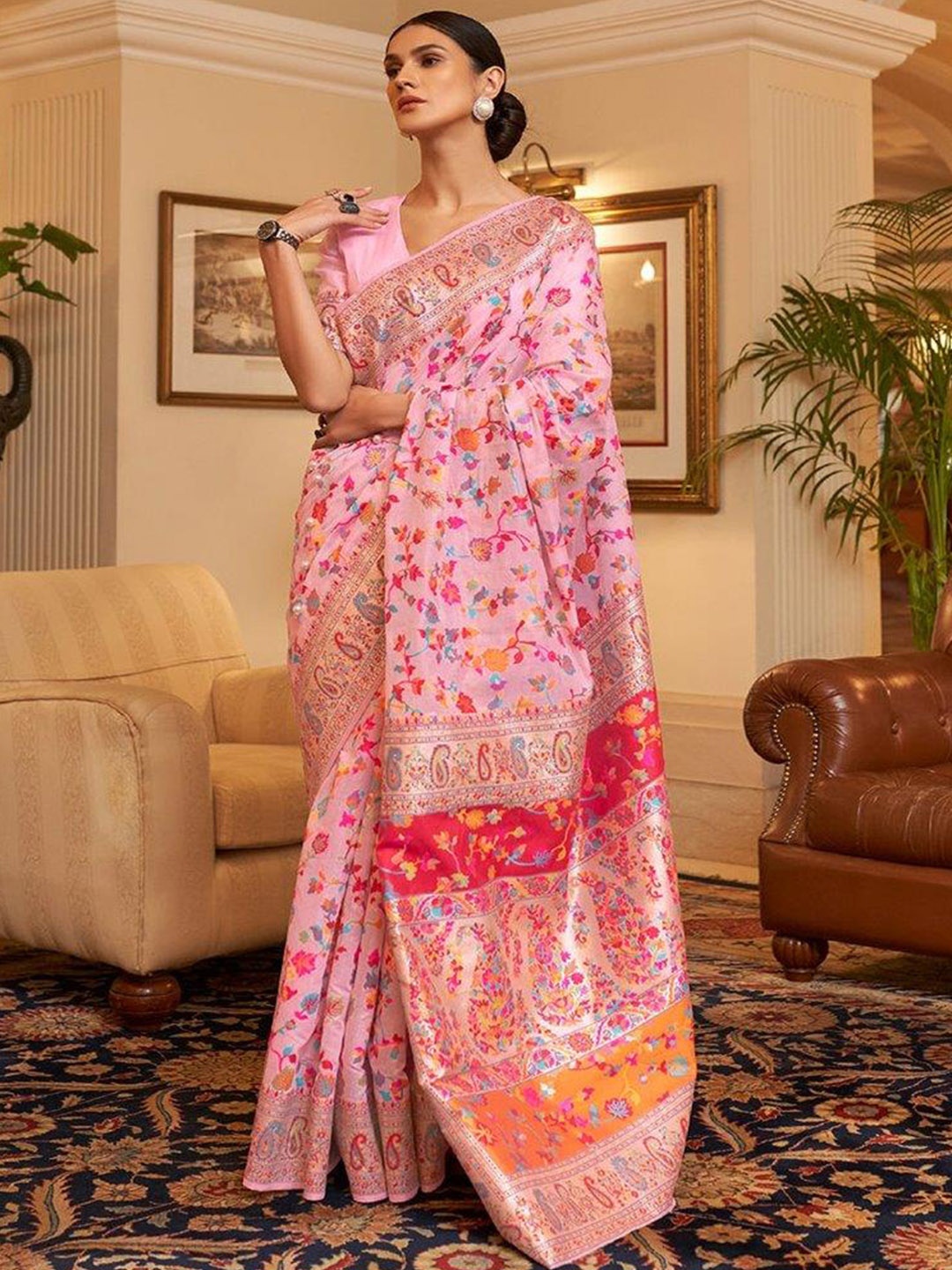 

SGF11 Floral Woven Design Zari Banarasi Saree, Pink