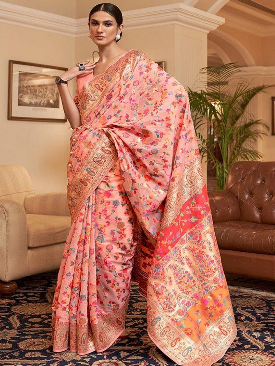 

SGF11 Paisley Woven Design Zardozi Banarasi Saree, Peach