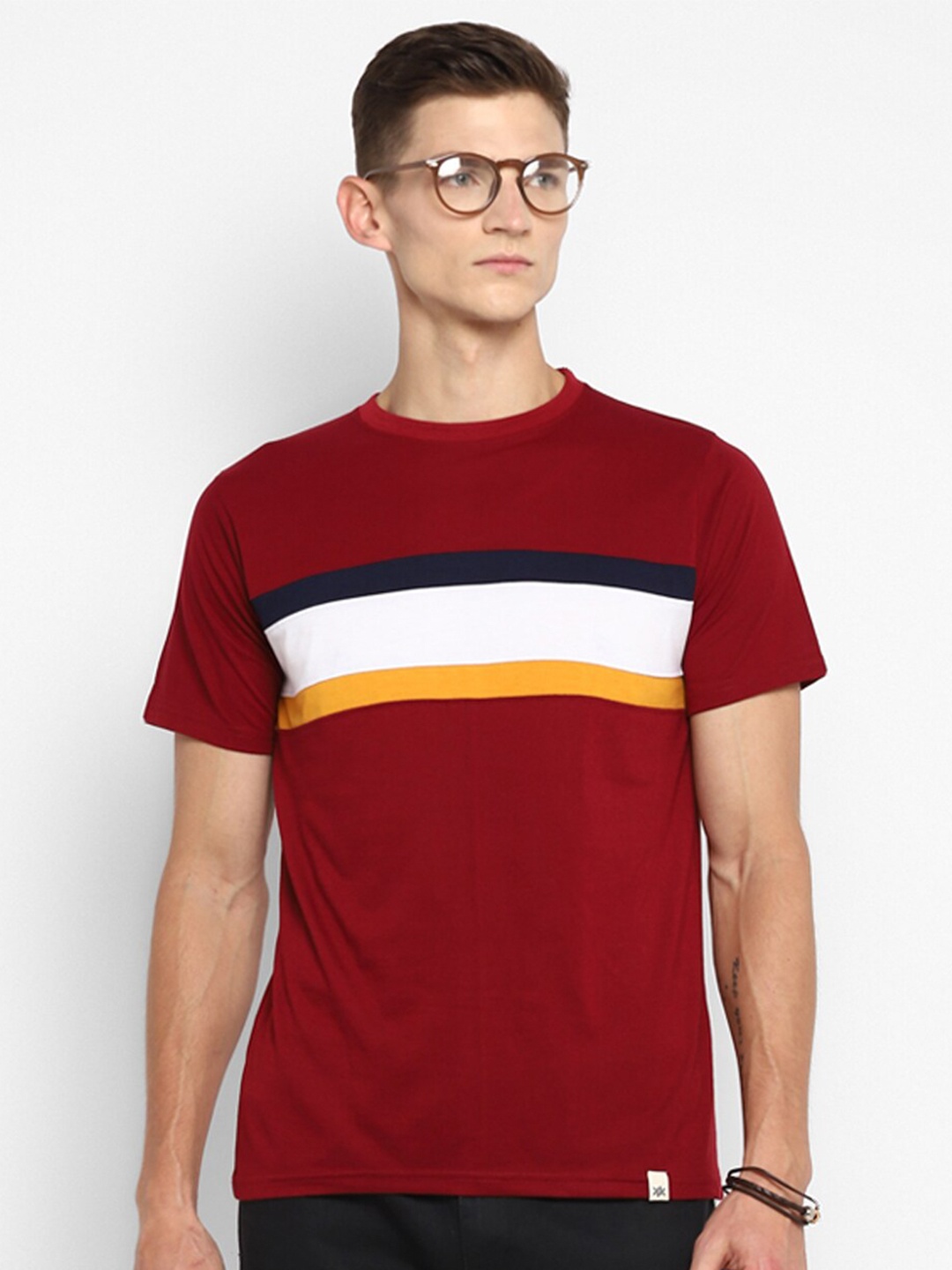 

Bukkl Striped Round Neck Cotton Slim Fit T-shirt, Maroon