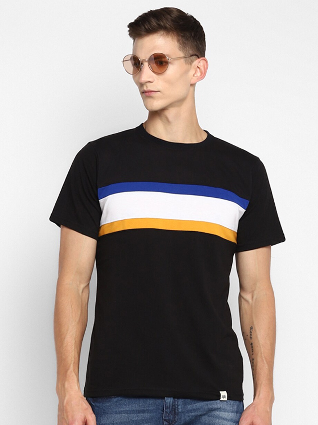 

Bukkl Striped Round Neck Cotton Slim Fit T-shirt, Black