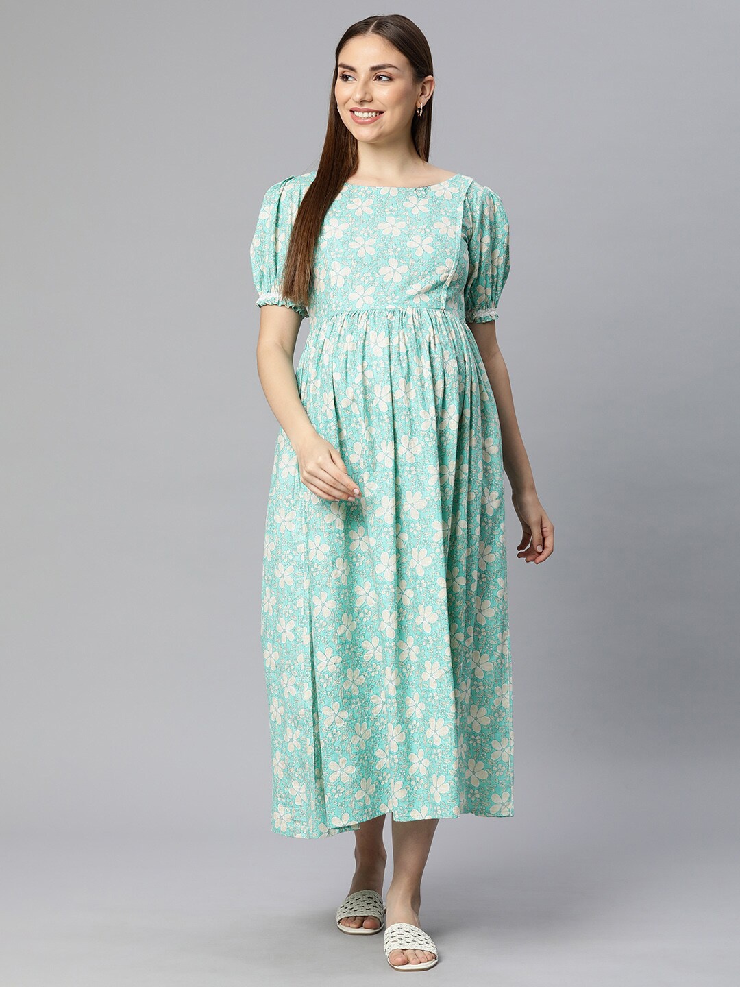 

Swishchick Floral Printed Puff Sleeves Cotton Maternity A-Line Midi Dress, Green