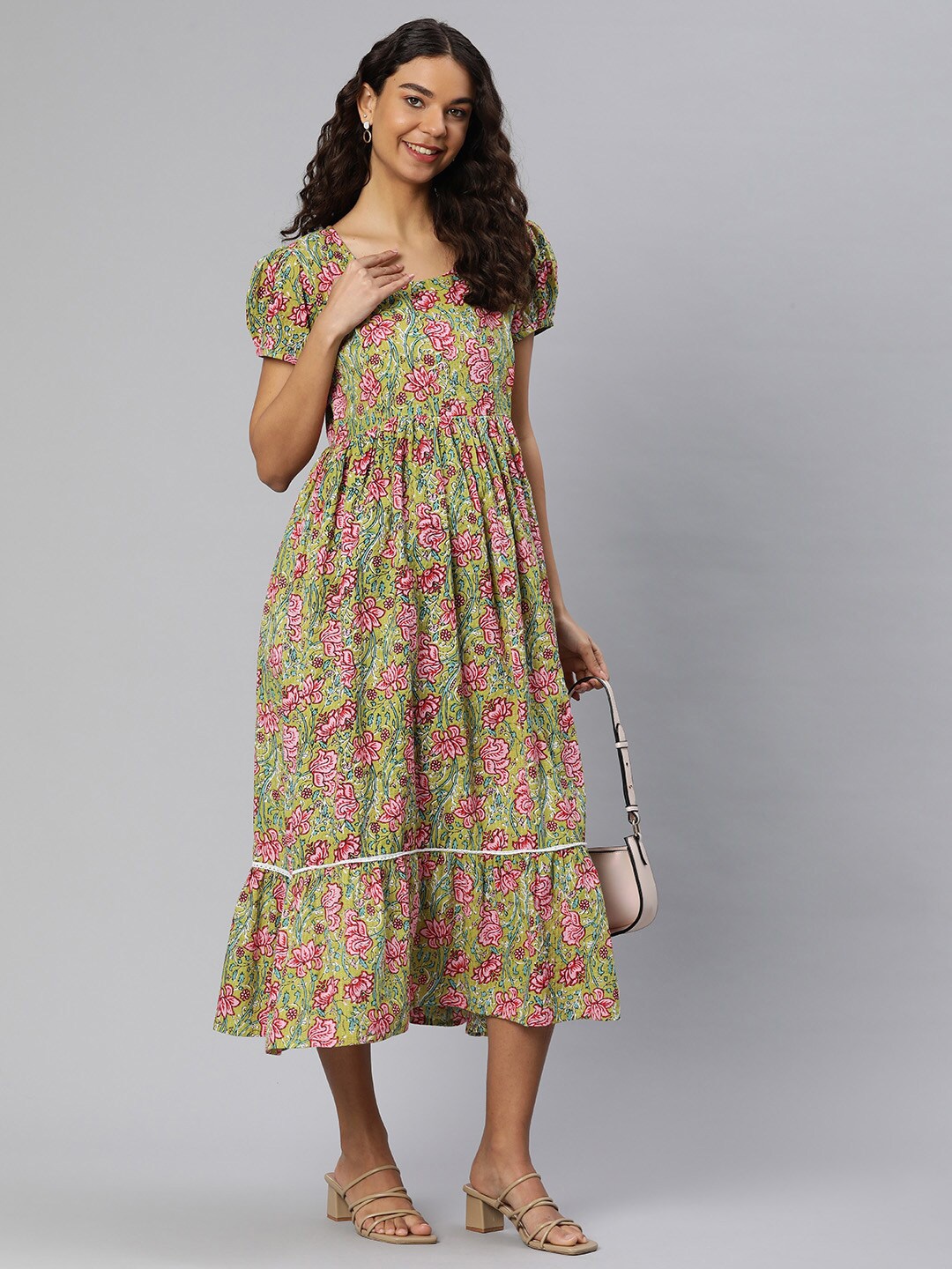 

Swishchick Floral Printed Puff Sleeves Cotton Maternity A-Line Midi Dress, Green