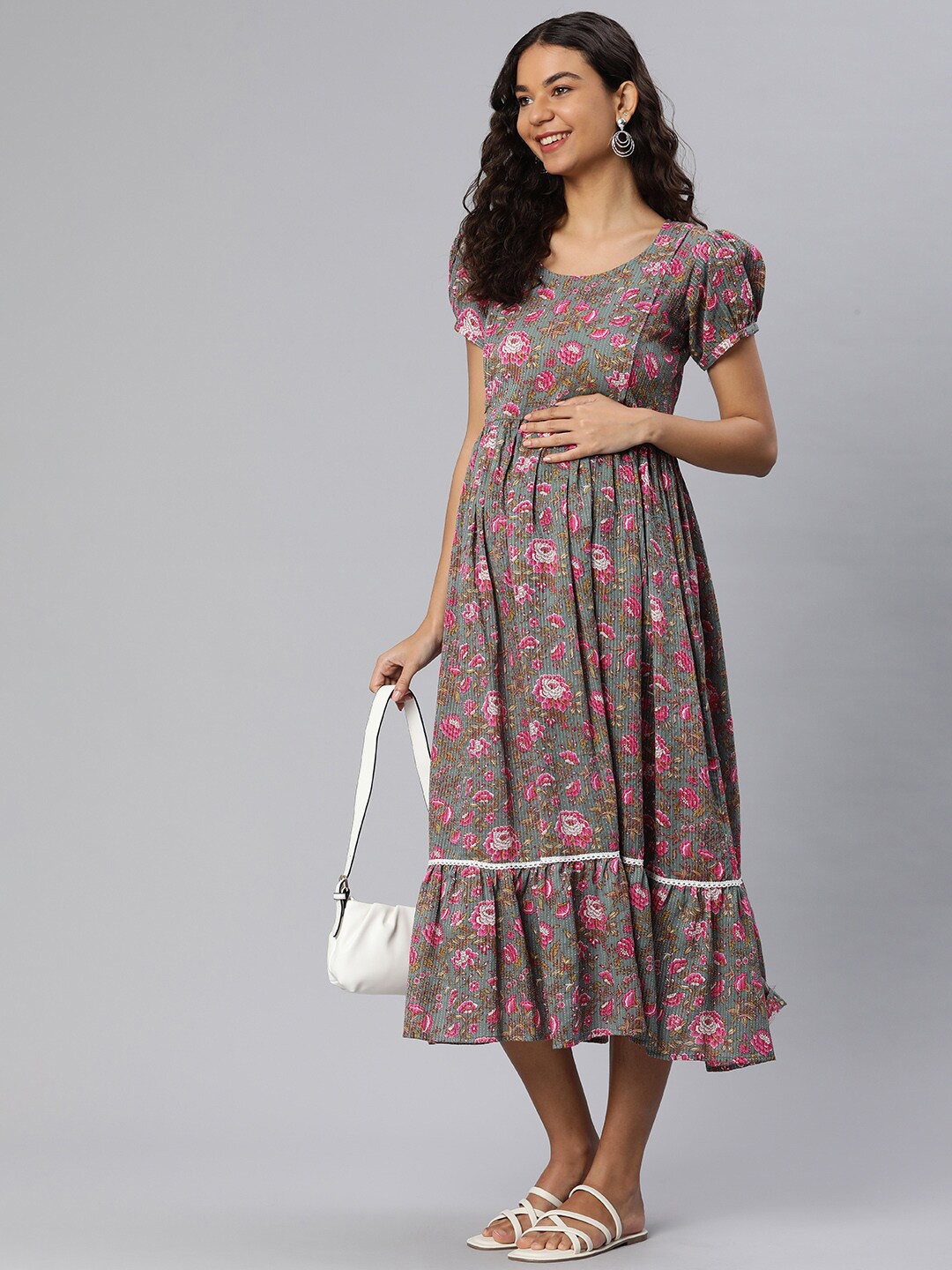 

Swishchick Floral Printed Puff Sleeves Cotton Maternity A-Line Midi Dress, Blue