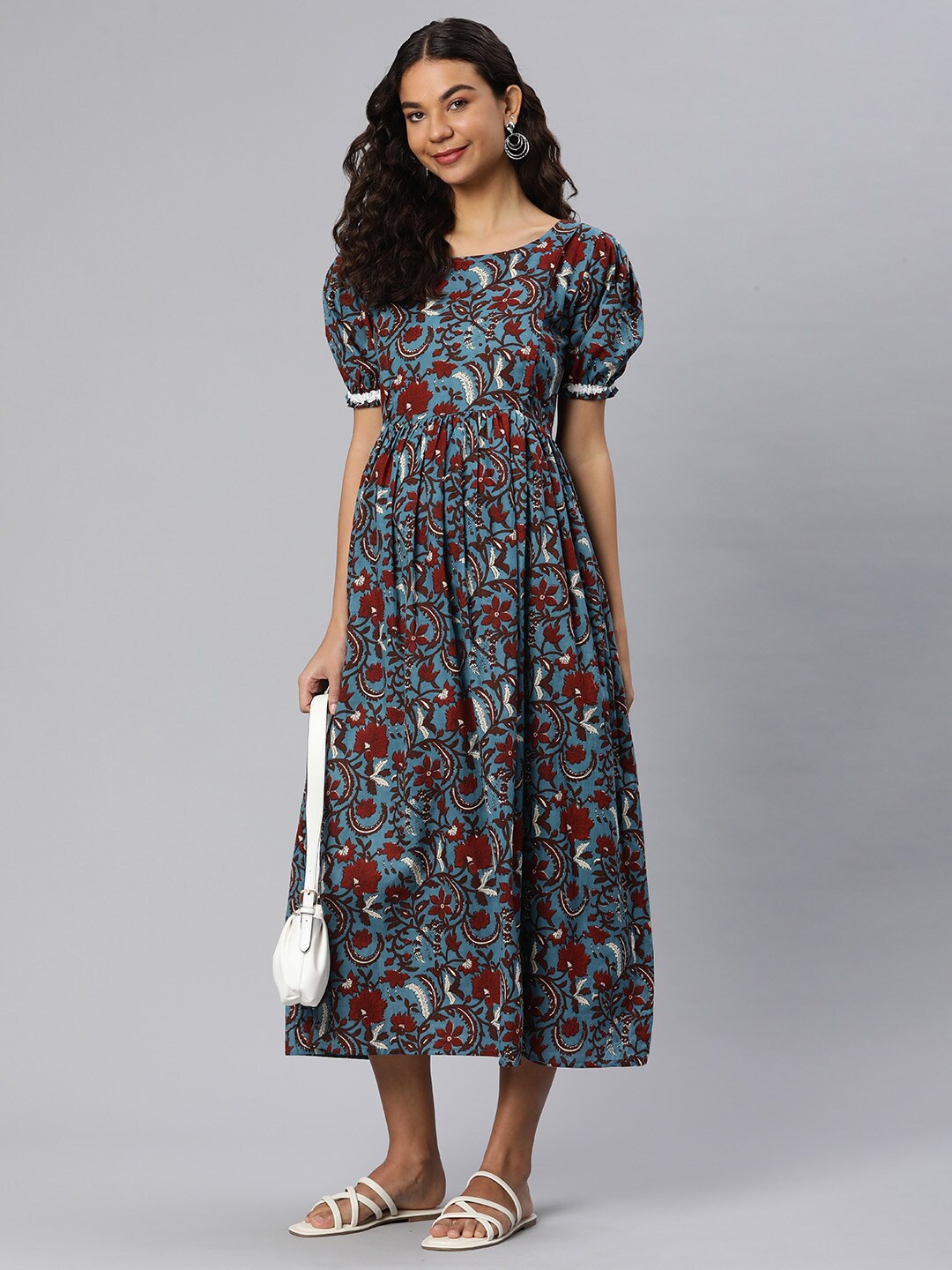 

Swishchick Floral Printed Puff Sleeves Cotton Maternity A-Line Midi Dress, Blue