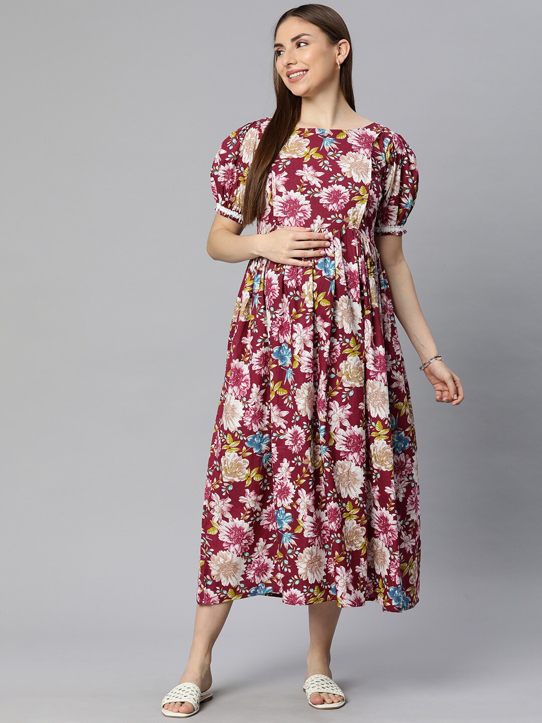 

Swishchick Floral Printed Puff Sleeves Cotton Maternity A-Line Midi Dress, Red