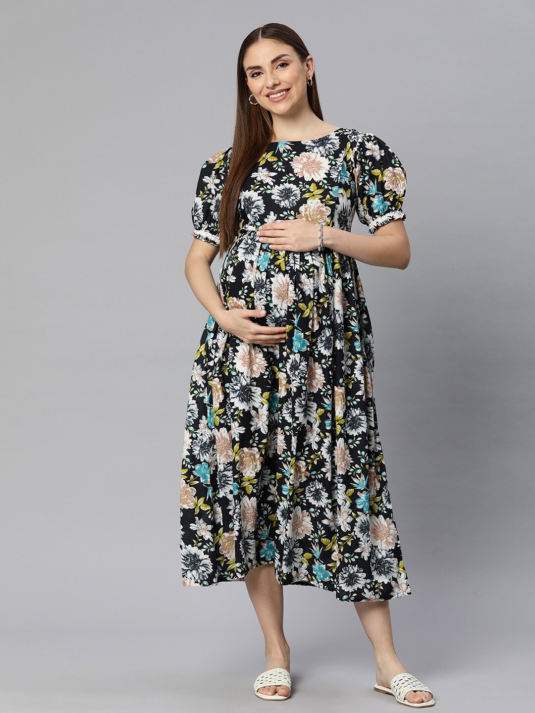 

Swishchick Floral Printed Puffed Sleeves Cotton Maternity Fit and Flare Midi Dress, Black