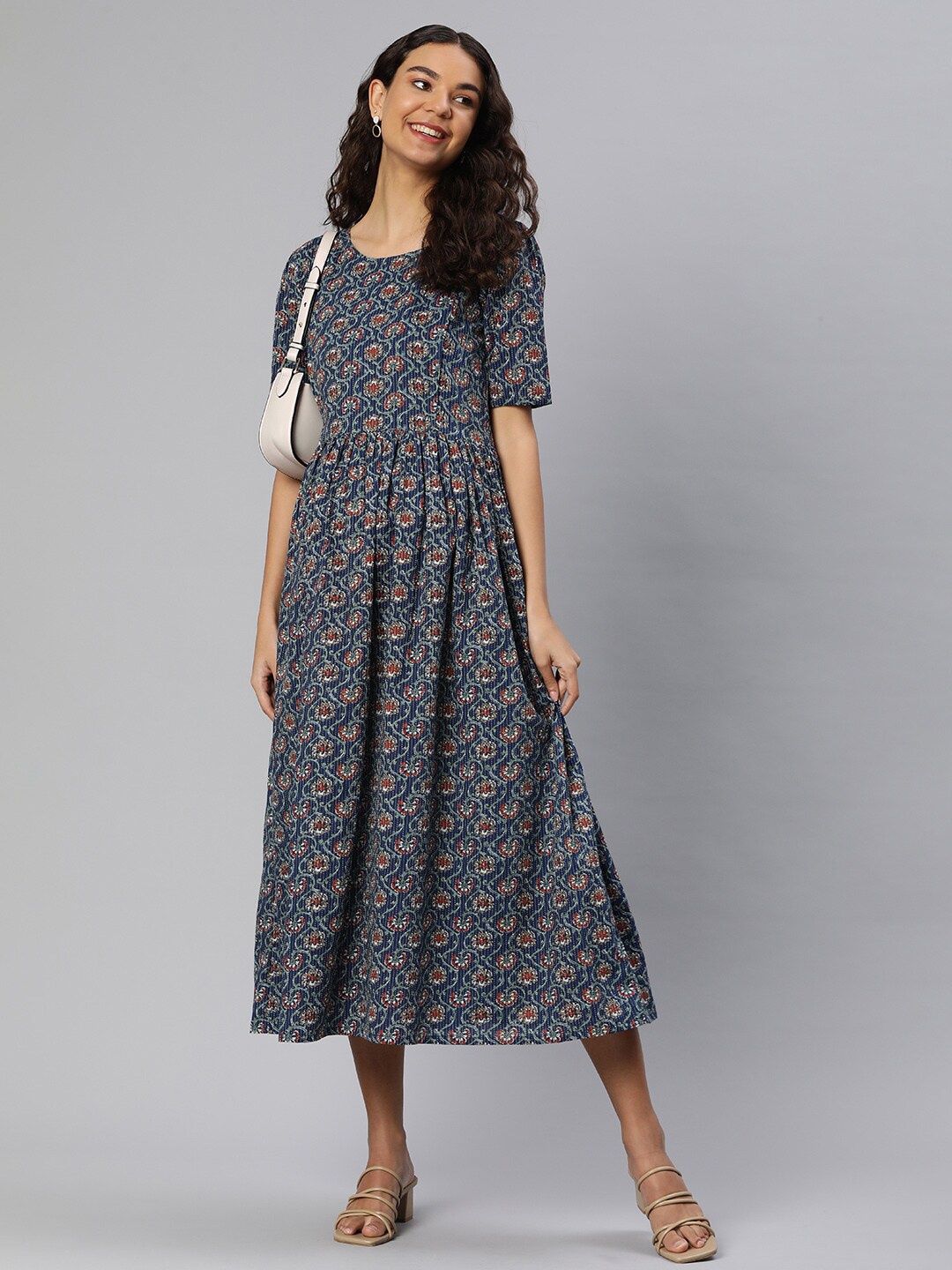 

Swishchick Floral Printed Cotton Maternity A-Line Midi Dress, Blue