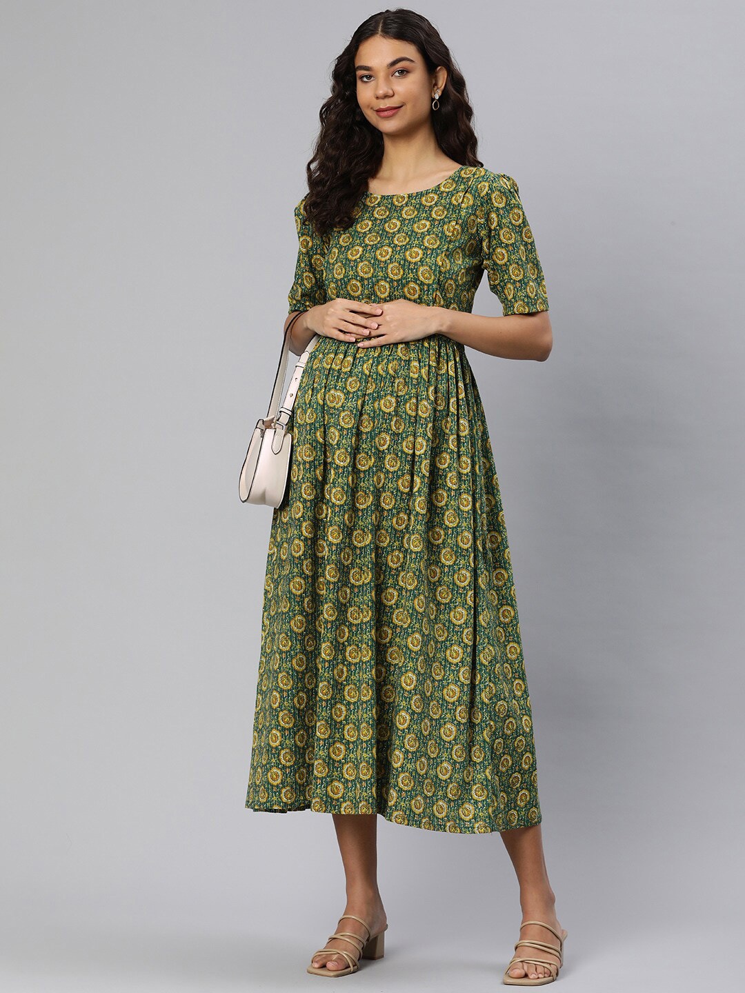 

Swishchick Floral Printed Puff Sleeves Cotton Maternity A-Line Midi Dress, Green