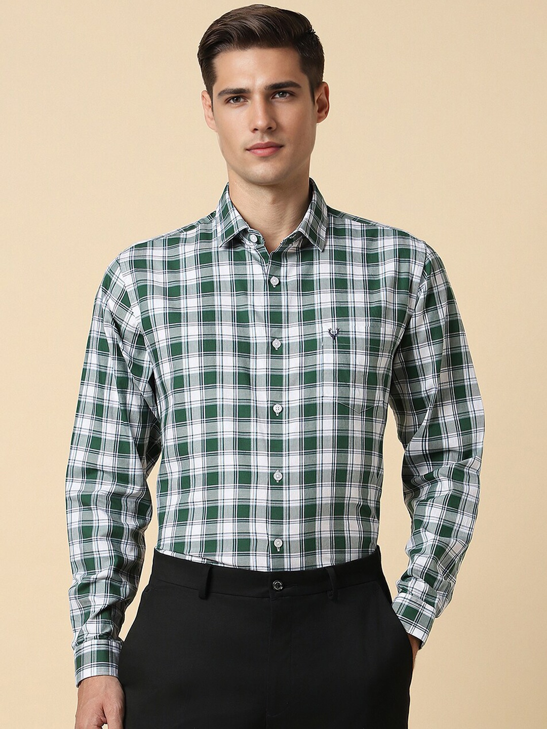 

Allen Solly Slim Fit Tartan Checked Spread Collar Pure Cotton Formal Shirt, Green