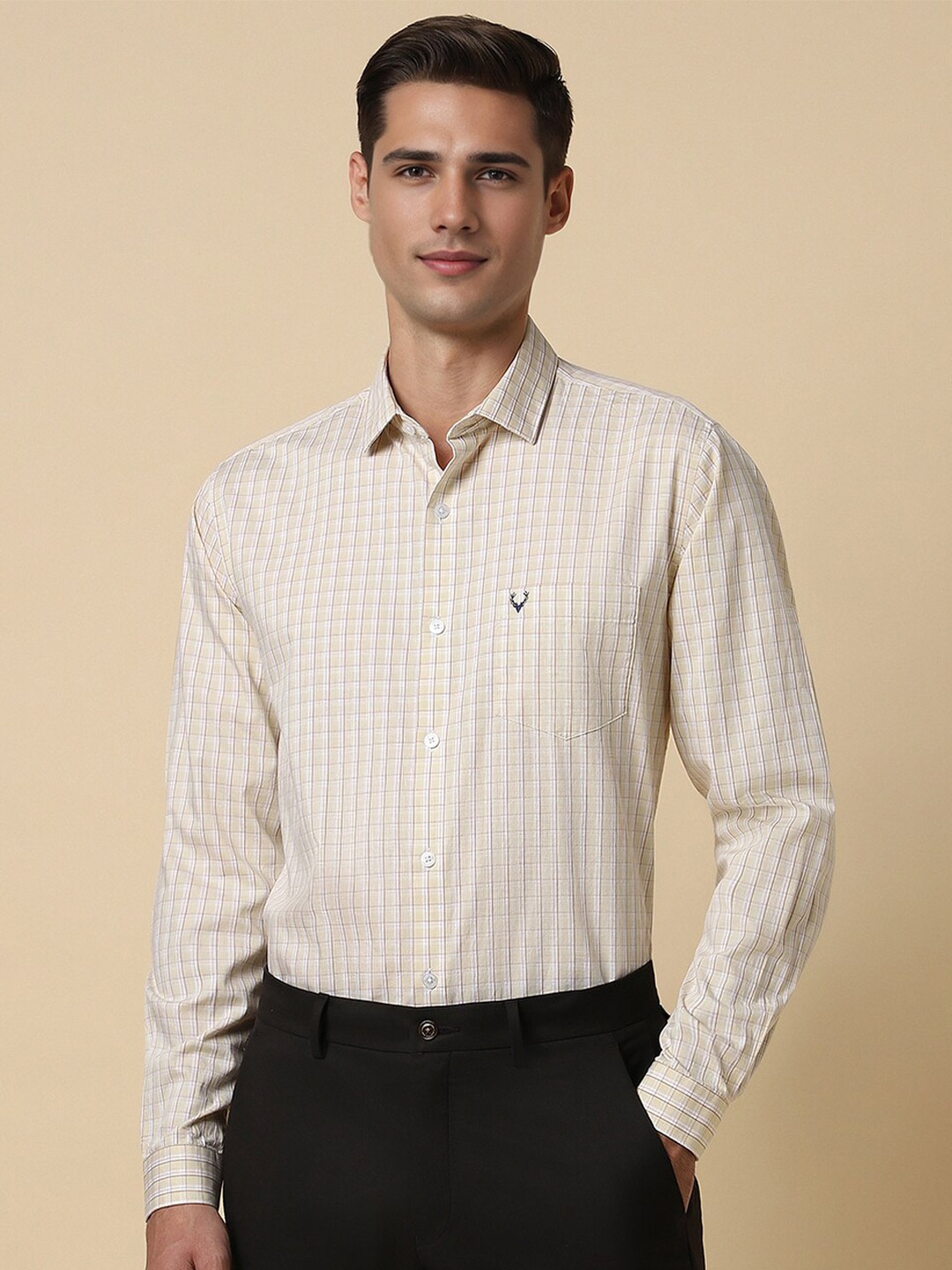 

Allen Solly Slim Fit Grid Tattersall Checked Pure Cotton Formal Shirt, Beige