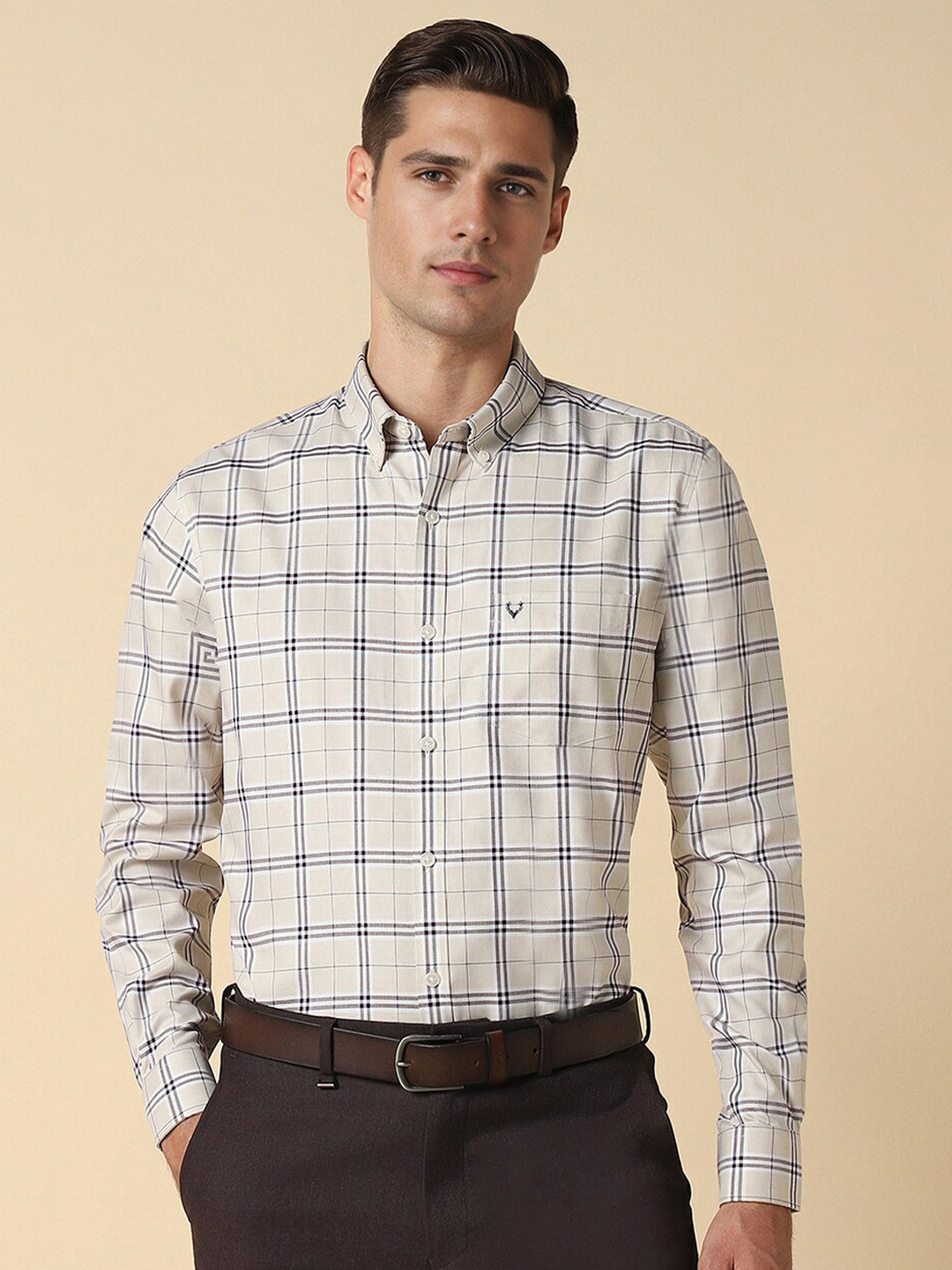 

Allen Solly Slim Fit Buffalo Checked Button-Down Collar Pure Cotton Formal Shirt, Beige